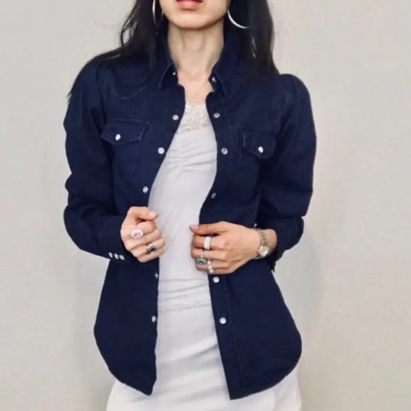 Torn by Ronny Kobo Denim Long Puff Sleeve Pearl Button Snap Front Size Medium - Picture 7 of 16